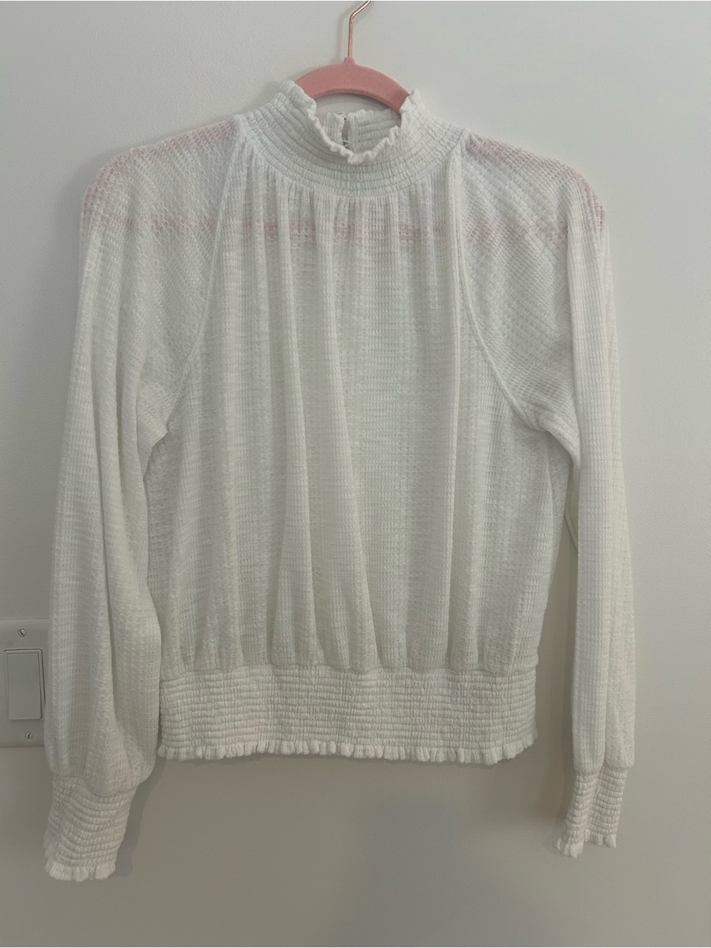 Free People Women’s Small White Textured Smocked Mock Neck Long Sleeve Blouse